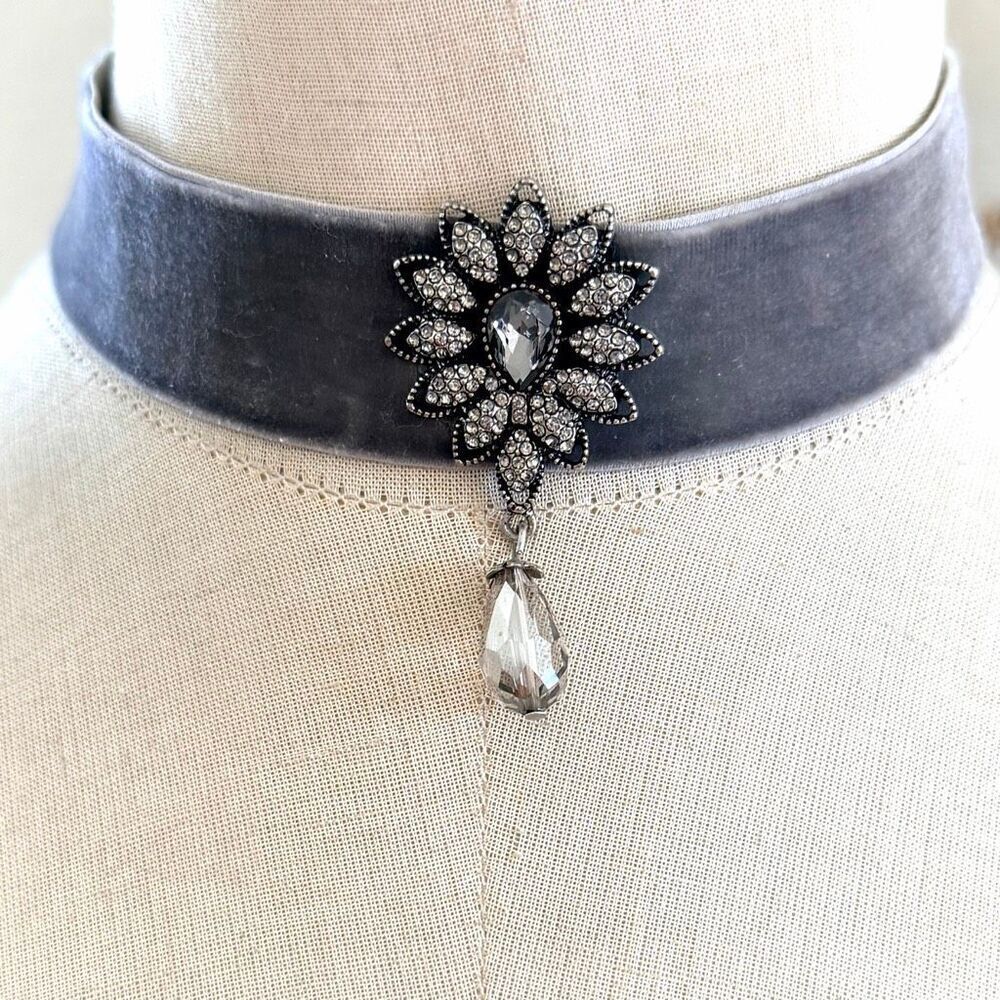 Gray Velvet Choker Necklace with Rhinestone Floral Drop